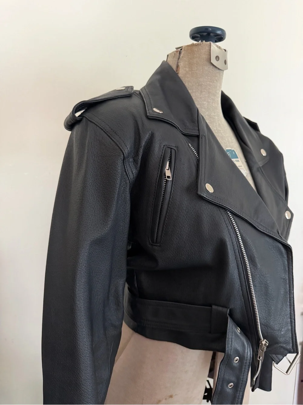 Vintage Wilsons Leather Black Cropped Moto Jacket Belt Small - Picture 13 of 15